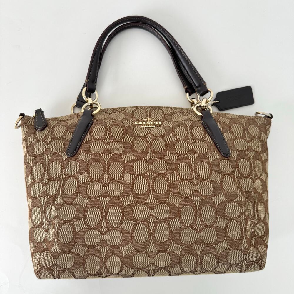 Coach Signature Jacquard Canvas Small Kelsey Satchel Khaki Leather Trim F58283 - Picture 3 of 15